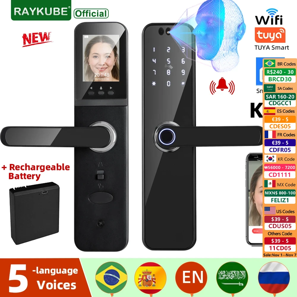 RAYKUBE K12 Tuya WiFi Camera Electronic Lock 3D Face Recognition Fingerprint Smart Door Lock With Screen Rechargeable Battery