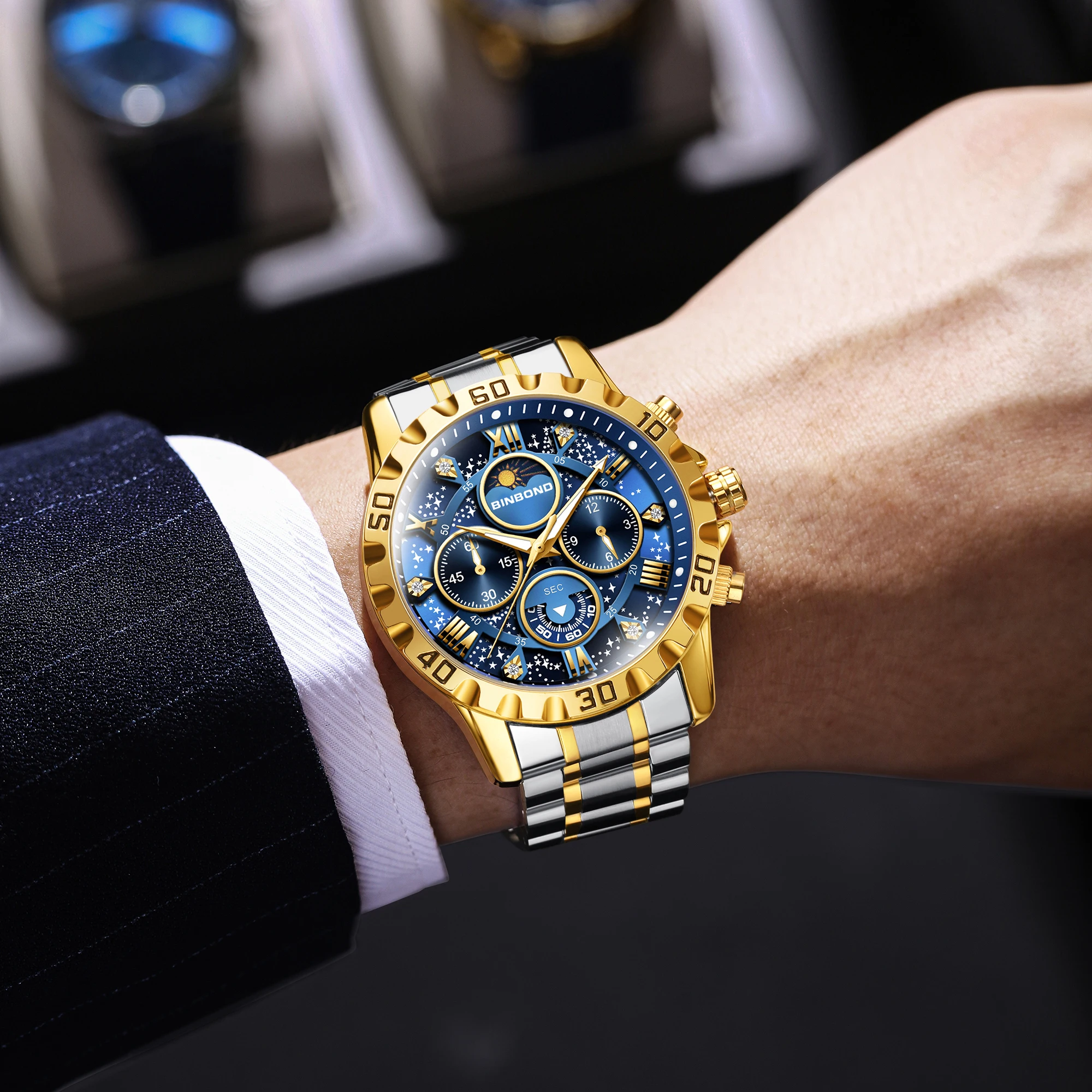 BINBOND Top Luxury Men's Watch Waterproof Night Light Chronograph Men's Quartz Watch Stainless Steel Casual Sports Men's Watch