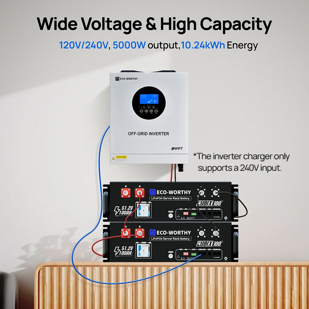 ECO-WORTHY 5.12kWh 48V 100Ah Lithium LiFePO4 Battery+5.5kW 48V Off-grid Inverter for Home Backup, Emergency Use