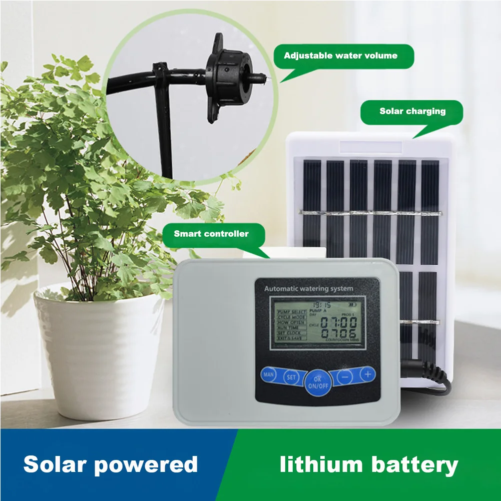 Qiumi Automatic Garden Water Controller,Smart Irrigation for Home Garden Solar Power (Dual Pumps)