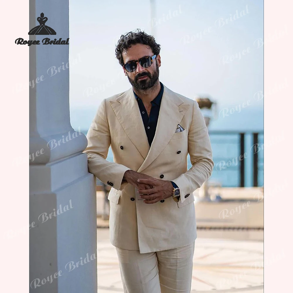 Peak Lapel Two Piece Double Breasted  Men's Suit Wedding 2026 Linen Beach Wedding Business Suit costume homme mariage
