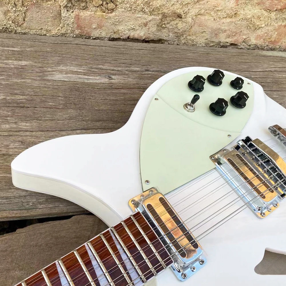 12 String Semi Hollow Body Electric Guitar, Mint Green Pickguard, White Color 360 Guitarra, Double Output Jacks, Free Shipping