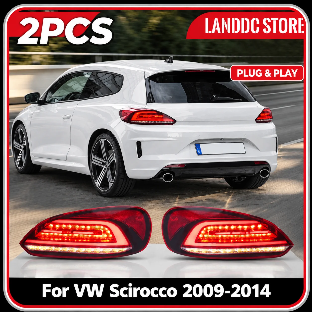 Voll-LED-Rückleuchten für VW Scirocco 2009-2014 Rückleuchten-Set mit Bernstein-Sequenz-Blinker und Bremslicht Plug & Play