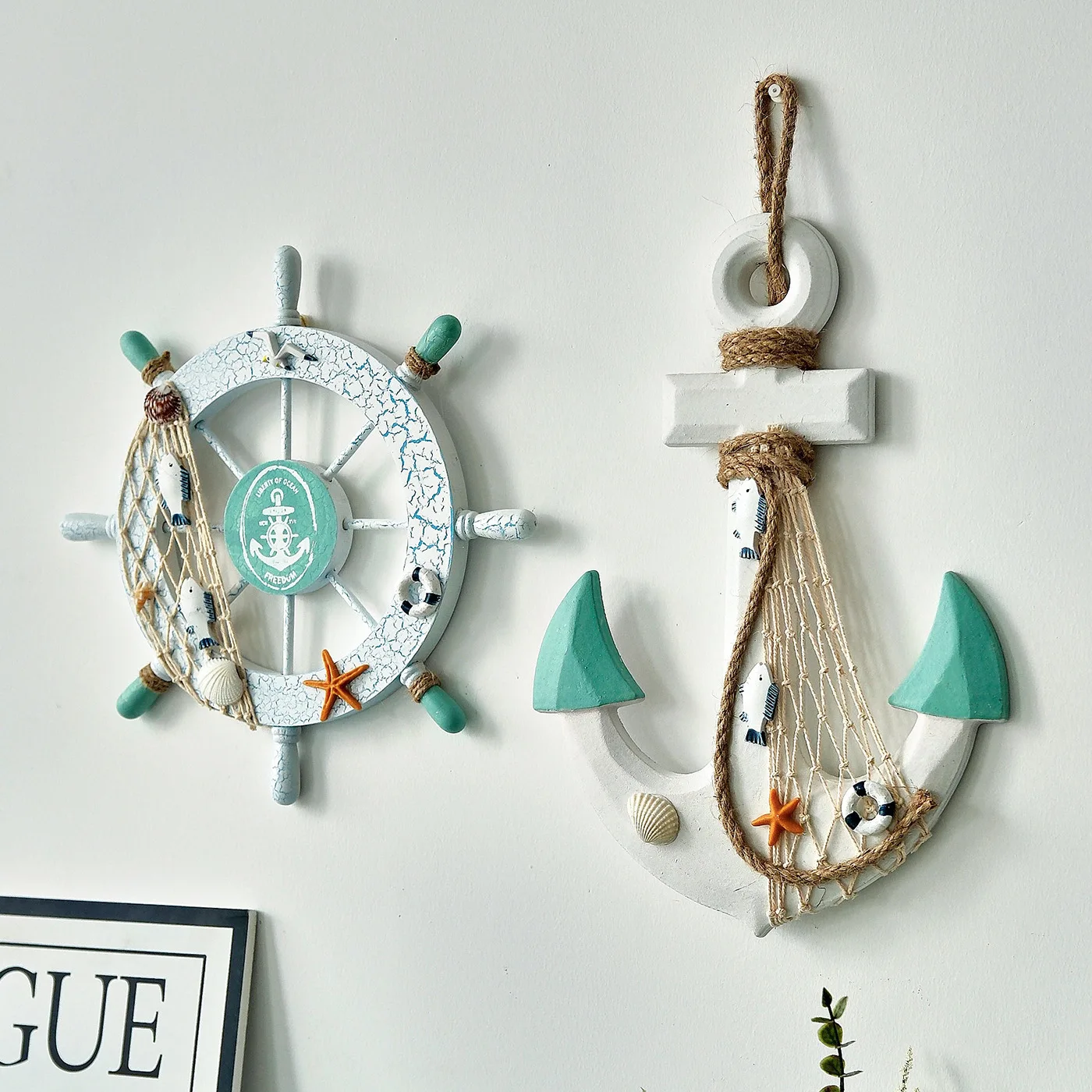 Mediterranean Wooden Helm Anchor Wall Decor Set Nautical Ship Wheel Coastal Pair