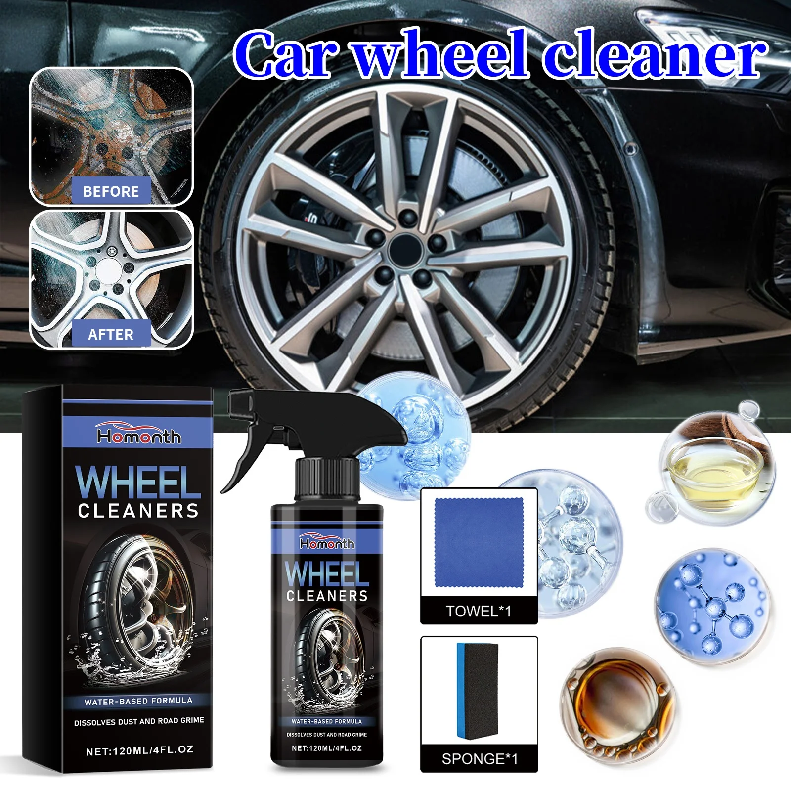 

Car Iron Remover Wheel Cleaning Spray Care Wheel Hub Rust Removal Metal Disc Iron Powder Cleaner Chmical Reaction Car Detailing