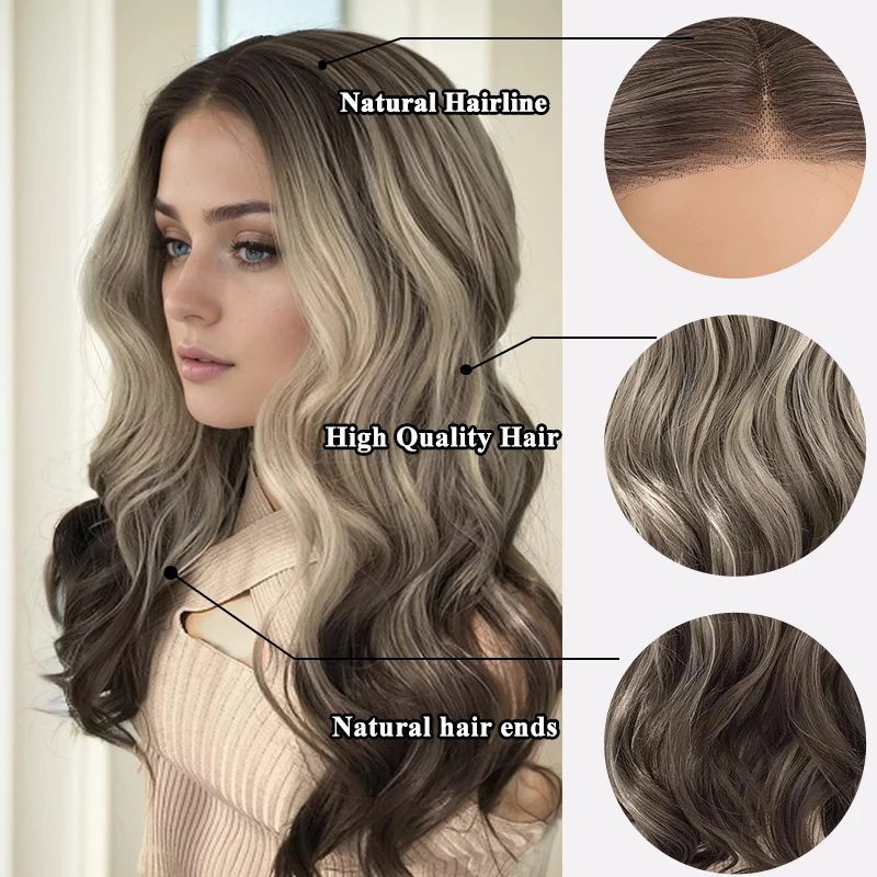 Ash Platinum Wave Highlight Wig Mixed Brown and Blonde Color Ombre Lace Front Wigs for Women Synthetic Wig Use for daily