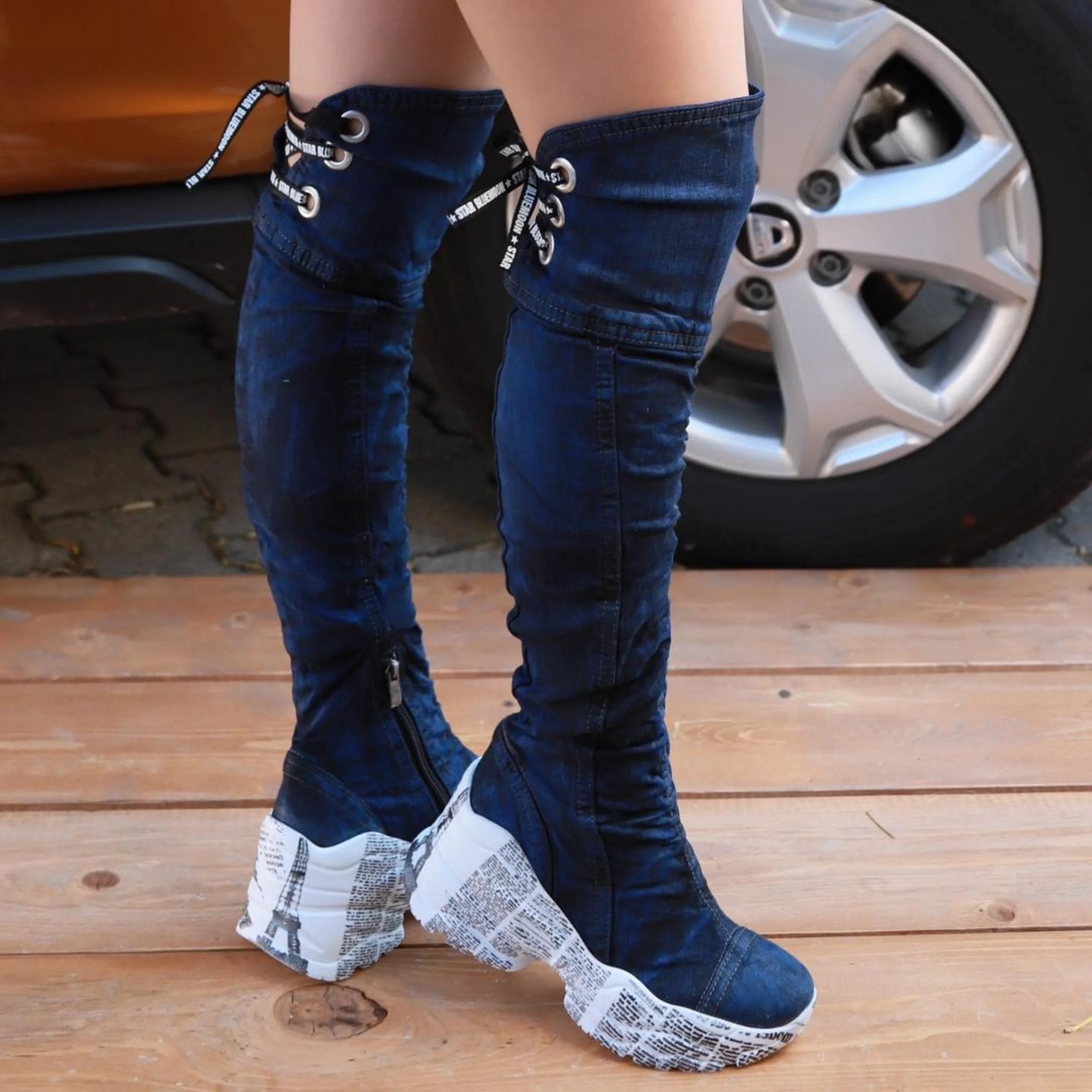 Jeans Boots Shoes / Handmade Women\'s Sports Boots / Women\'s Sexy Boots, Heeled Boots, Sports High Boots Shoes / Denim Shoes / Bi