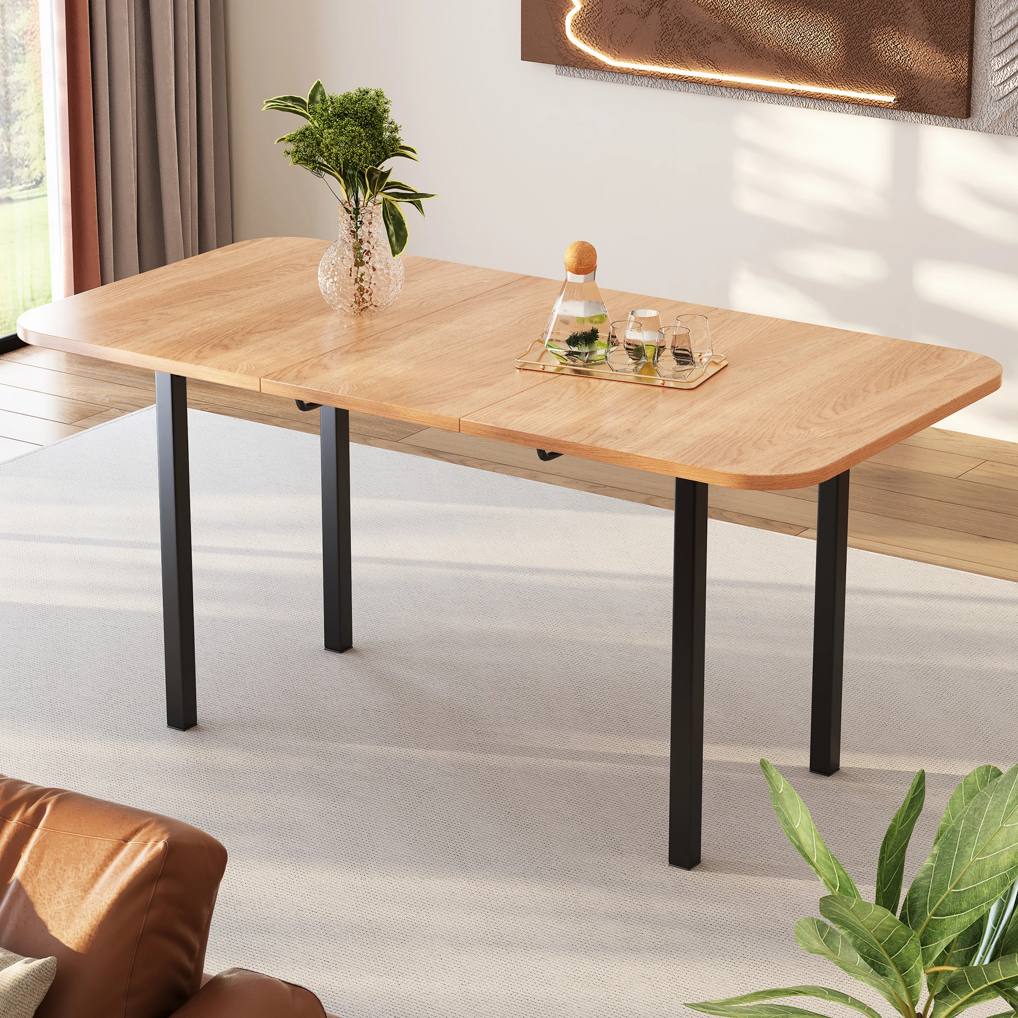 Image 5: Table à manger extensible, tables pliantes 120/160*80*75 cm, table de loisirs rectangulaire pour salon, table pliable et rangable, naturelle