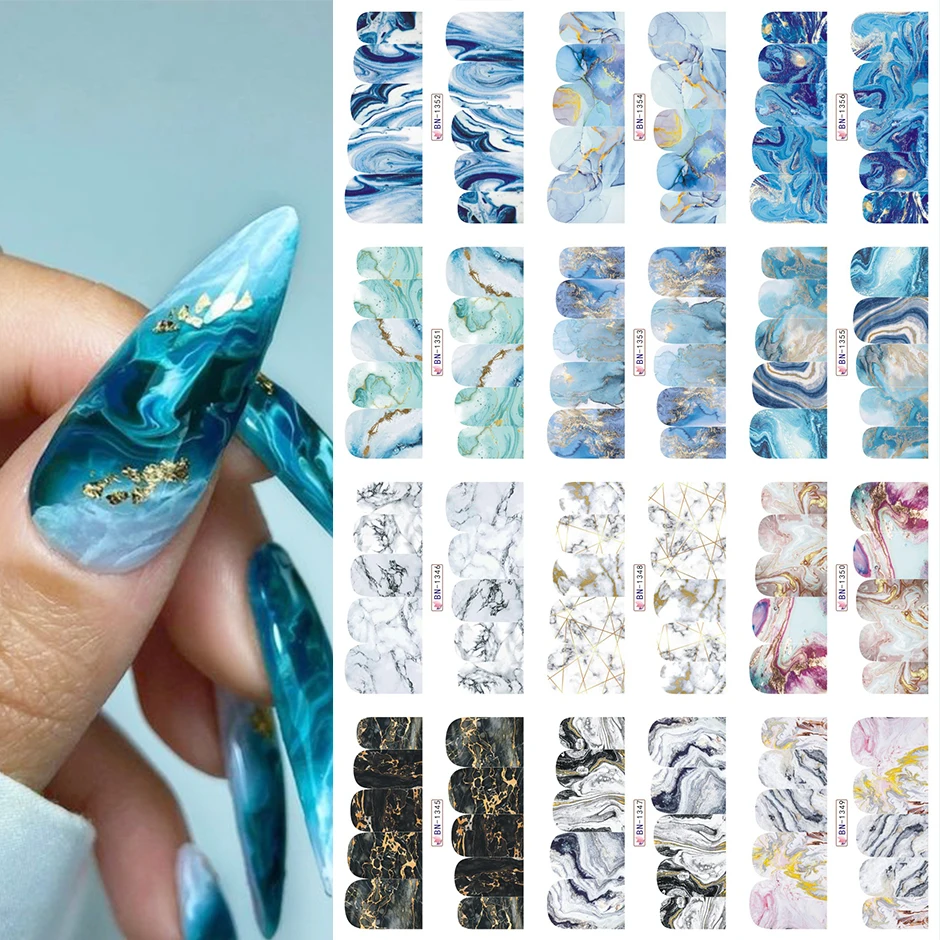 12pcs Ink Blooming Marble Nail Water Stickers Gradient Abstract Geometric Line Transfer Sliders DIY Manicure Wraps LEBN1345-1356