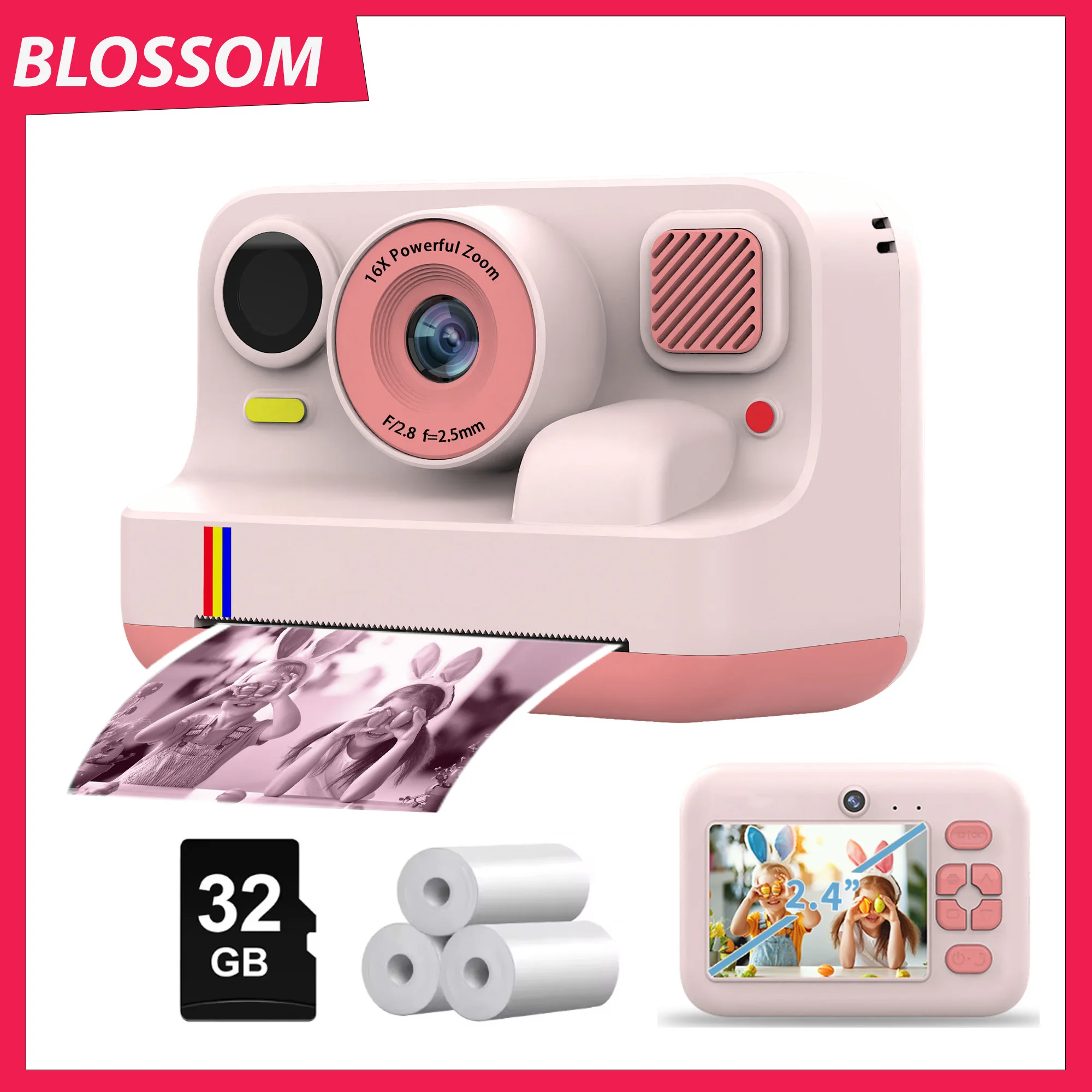 Blossom k12 crianças câmera instantânea impressão colorida câmera 1080p impressão térmica brinquedos câmera impressão foto vídeo game música presente das crianças
