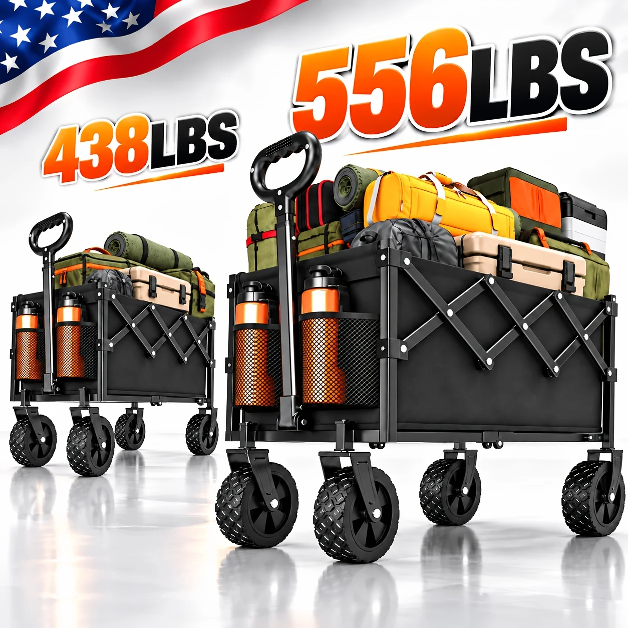 438/556LBS Heavy Duty Folding Wagon Cart, All-Terrain Utility Wagon with Reinforced Steel Frame, 600D Oxford Fabric, Adjustable Telescoping Handle & 360° All-Terrain Wheels for Camping, Shopping, Garden & Outdoor Use