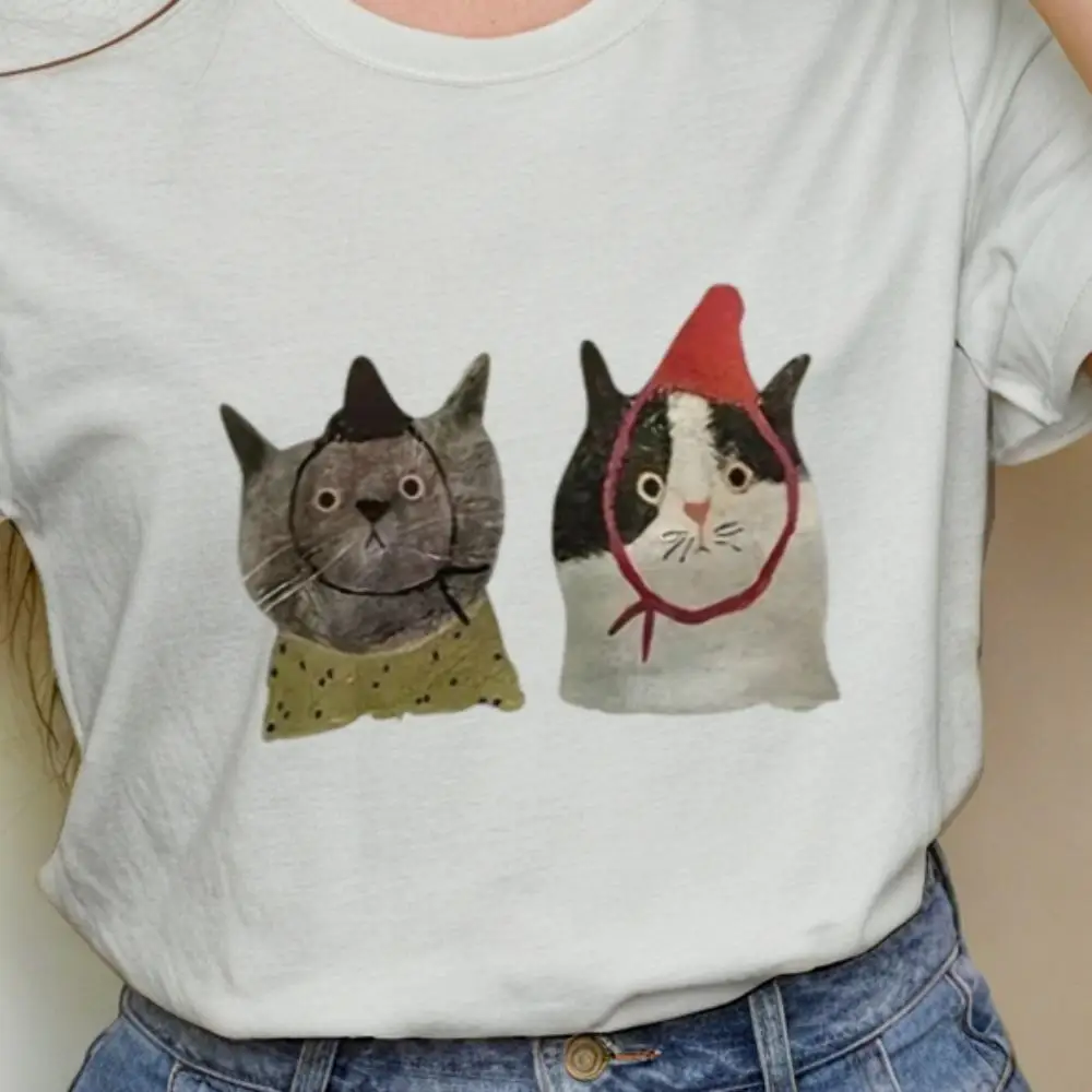Pure Cotton Graphic Tee With Two Cats Print Short Sleeve Harajuku Streetwear Clothes Cute Cotton Tops For Women Causal Outfits
