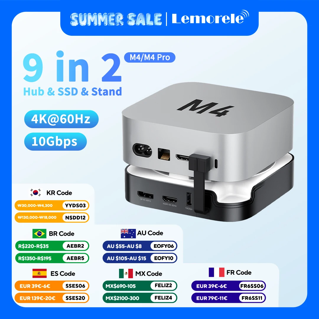 Lemorele 9 IN 2 USB HUB Docking Station for Mac Mini M4 HDMI DP 4K 60Hz M.2 NVMe SSD Max 10Gbps USB-A&C Ports SD&TF USB Dock