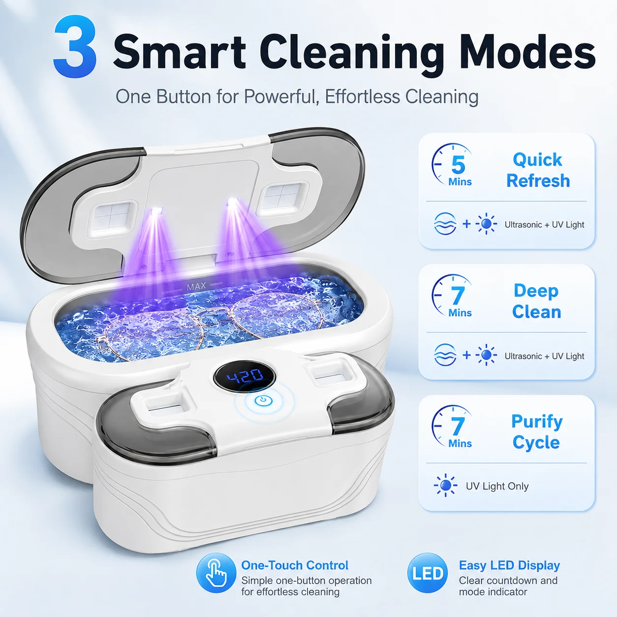 White Ultrasonic Cleaner Machine With UV Light Portable Household Sonic Cleaning Device for Eyeglasses Jewelry Makeup Brushes Watch Rings Dentures
