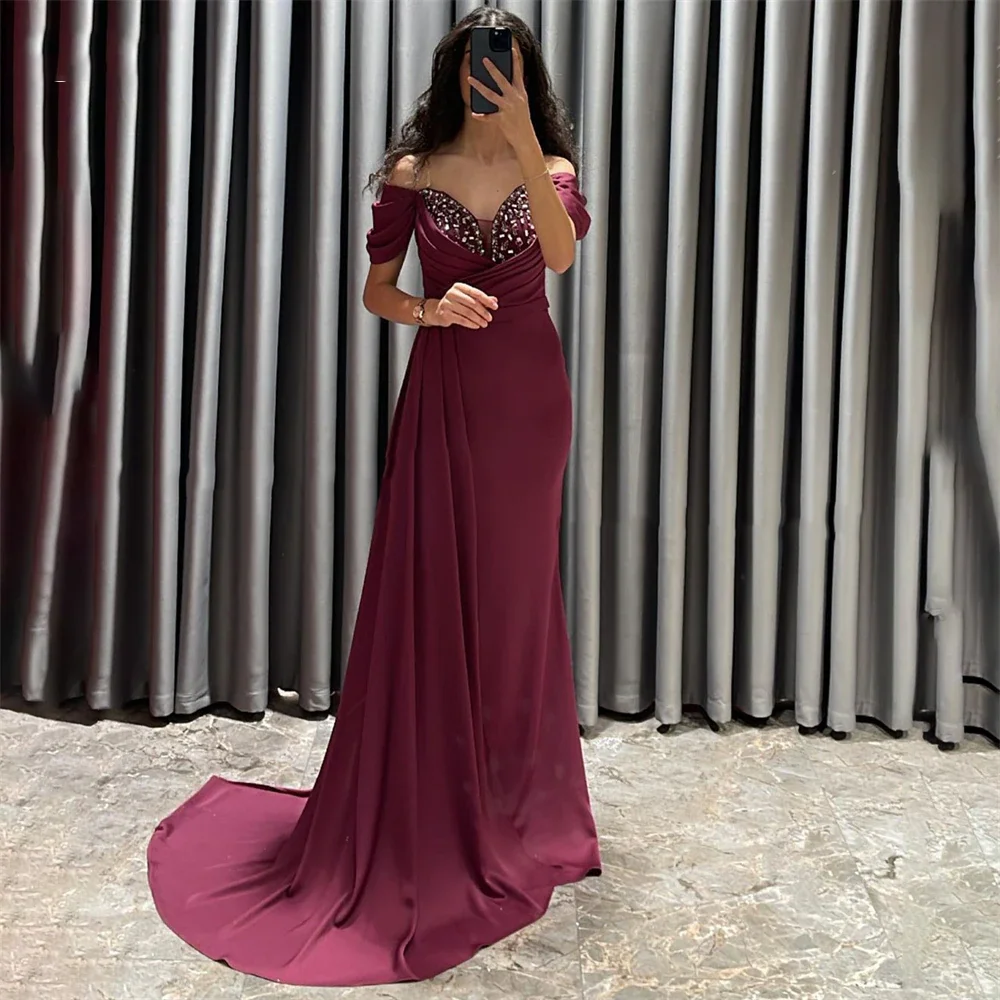 

Sweetheart Prom Gown Off The Shoulder Pleat Beading Mermaid Formal Evening Dress Modern Spaghetti Strap Sweep Train Party