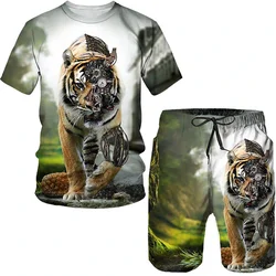 Summer Casual Street Suit 3D Printed Fun Animal Skeleton Print 2 Piece Oversized Man O-neck Tshirt Beach Shorts Fashion Outfits