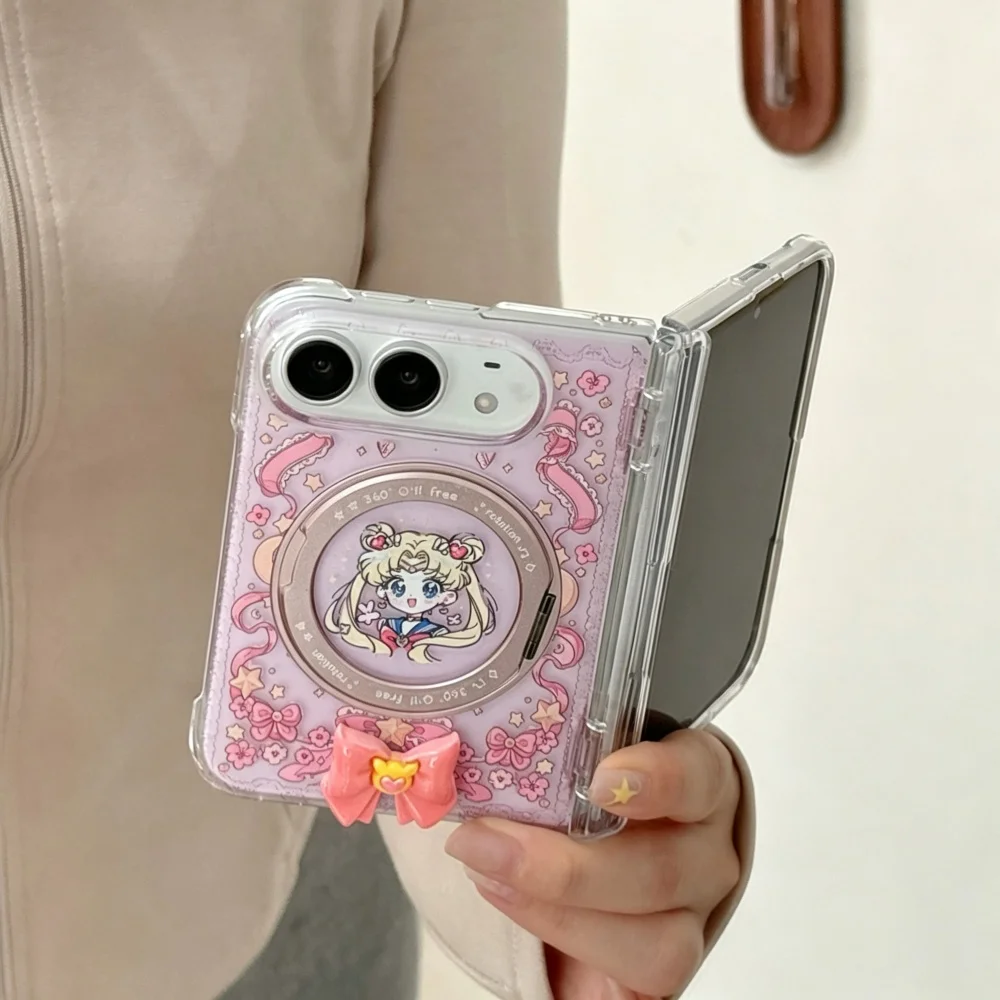 New Cute Anime Cartoon Girl Pink Phone Case For iPhone Duo Cover, With Magsafe Holder, Fashion Anti-Fall Protective Cases Kawaii