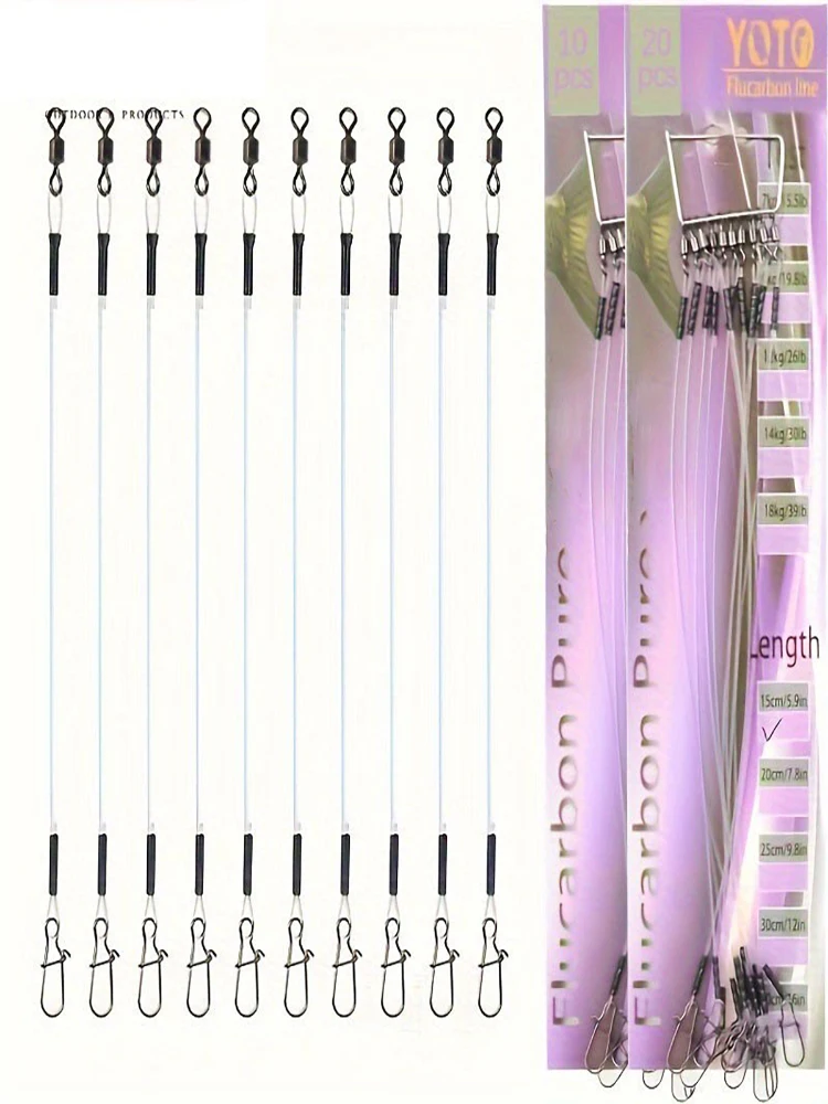 10 SZT. Fluorocarbonowe Przypony Wędkarskie z Krętlikiem i Agrafką, Przezroczysty Zestaw Przyponów, Akcesoria Wędkarskie 15-40cm 7-18kg do Zestawu Przynęt i Akcesoriów Wędkarskich — zdjęcie 2
