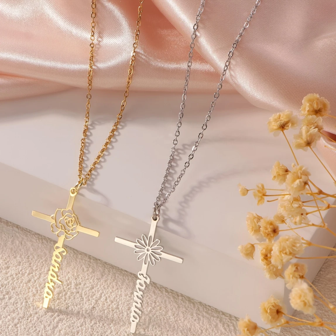 Birth Flower Necklace - Kalung Nama Salib Bunga Kelahiran Kustom,