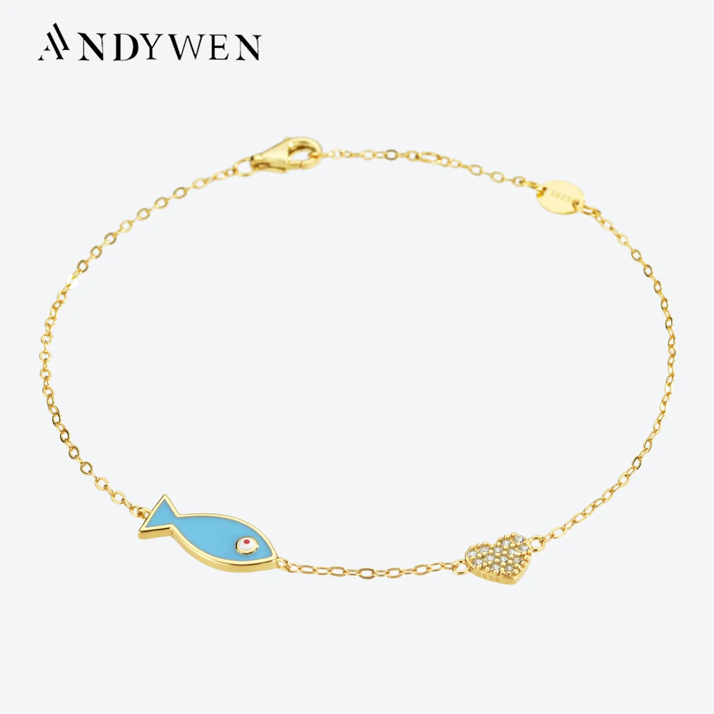 ANDYWEN New 925 Sterling Silver Blue Fish Heart Chain Bracelet Women Luxury Zircon CZ 2023 New Arrivals Rock Punk Fine Jewelry