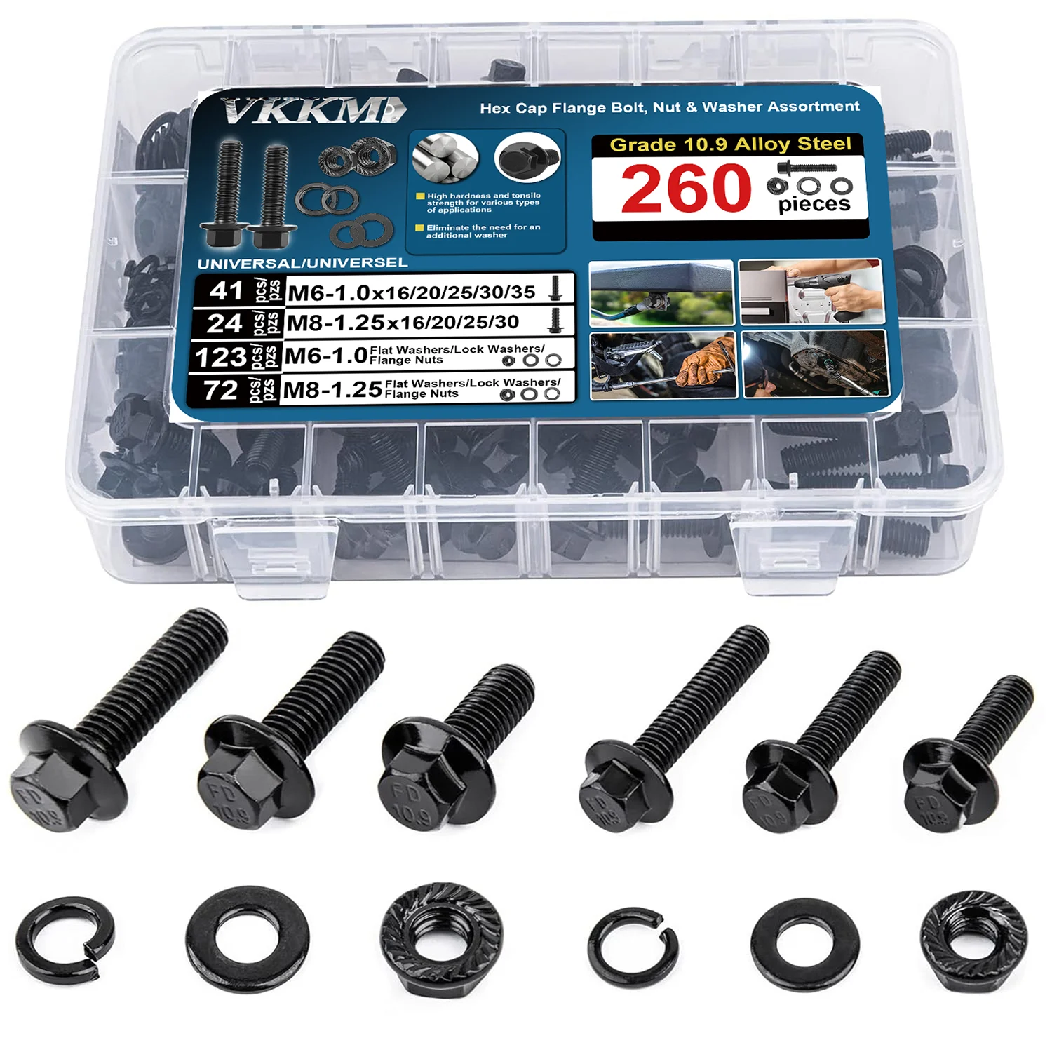 VKKM 260 pcs Hex Cap Flange Bolt Assortment Kit/Screws, Nuts & Washers/Black Oxide, M6-1.0 x 16/20/25/30/35mm, M8-1.25