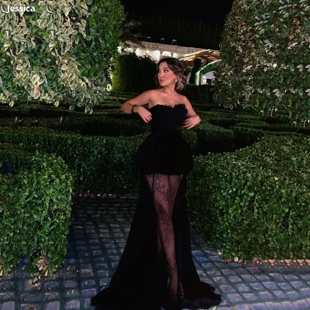 Jessica See-through Lace Embroidery Evening Dresses Sexy Off-shoulder Black Prom Dresses A-shaped Party Dresses Customized