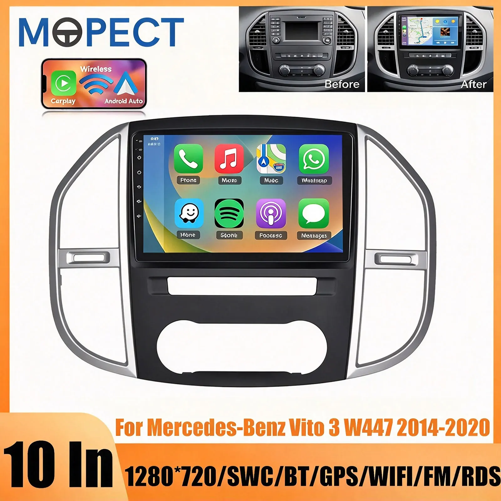 MOPECT 10'' Kabelloses CarPlay Android Auto Touchscreen Autoradio für Mercedes Benz Vito 3 W447 2014-2020 Multimedia-Videoplayer Haupteinheit 4G WIFI Stereo BT FM RDS SWC GPS-Navigation 4+64GB/6+128GB