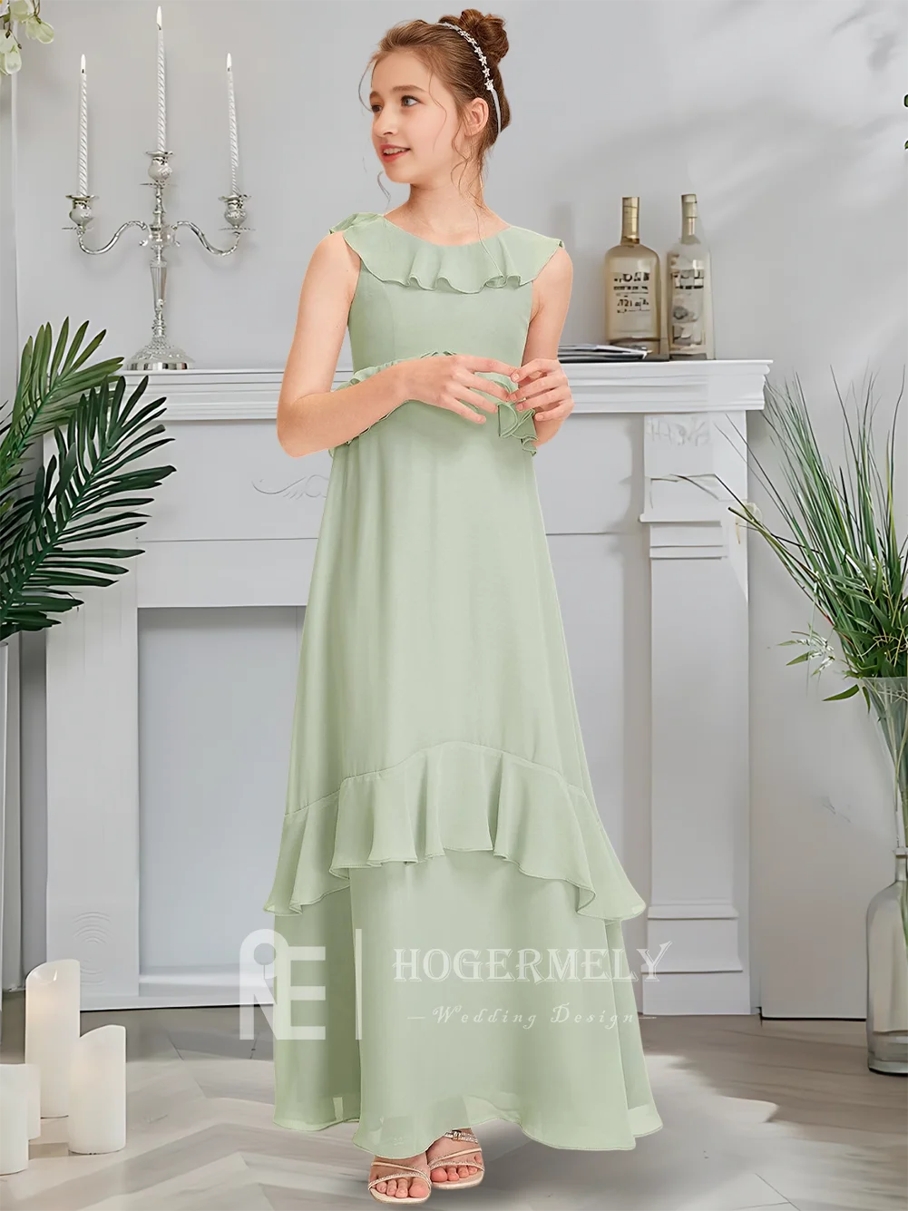 Роскошное платье для юных подружек невесты с туманным шалфеем, платье с цветочным узором для девочек, длиной до пола, шифоновое каскадное платье с оборками, свадебное платье