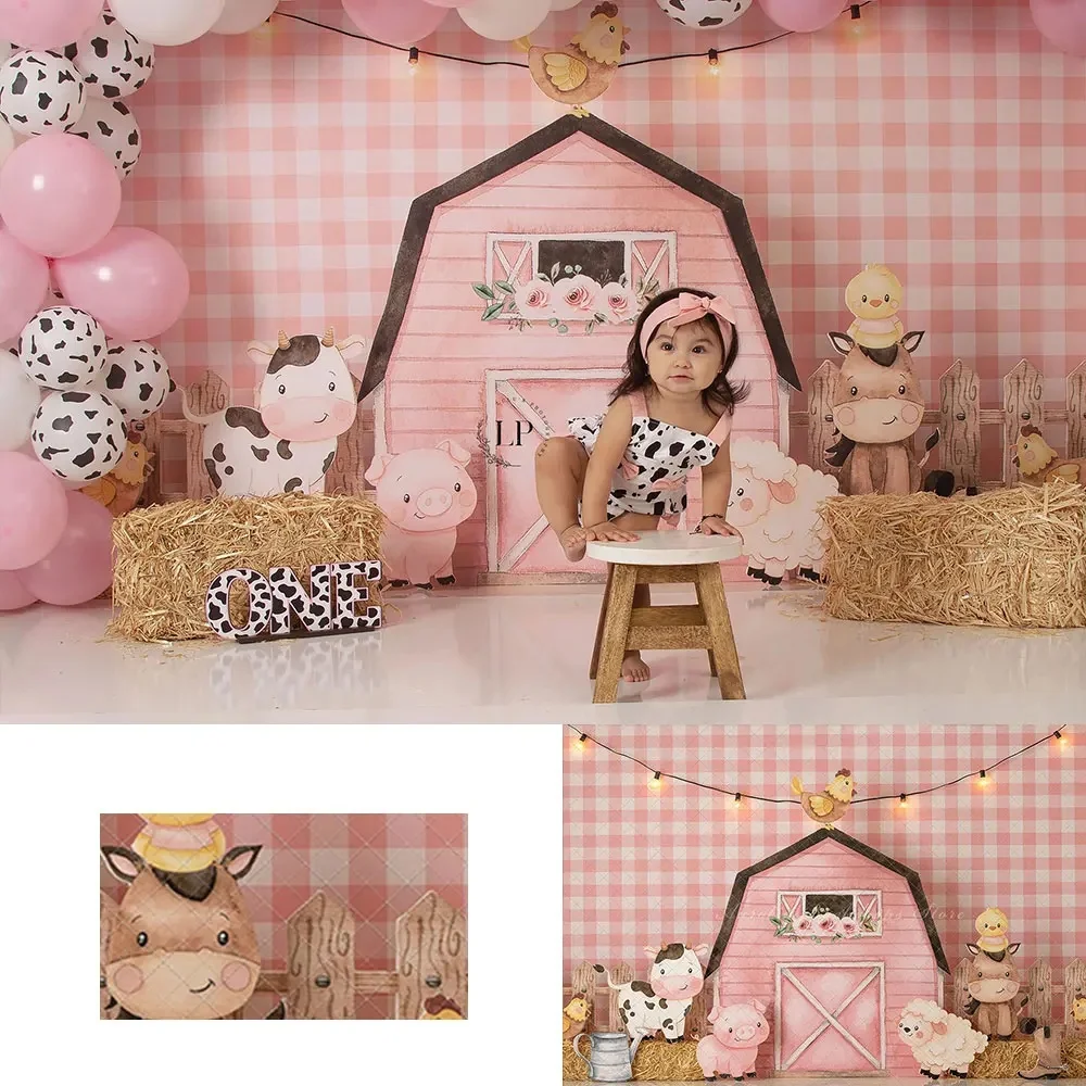 Farm Backdrop Pink Barn Animasl Kids Baby 1st Birthday Photocall Decors Child Girls Cake Smash Photography Studio Backgrounds — zdjęcie produktu 7