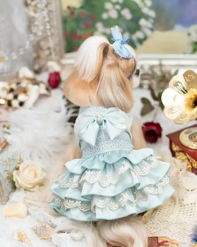 

Floral Dog Dress Tulle Skirt – Ruffled Pet Clothes with Pearl Trim for Small Cats Puppies