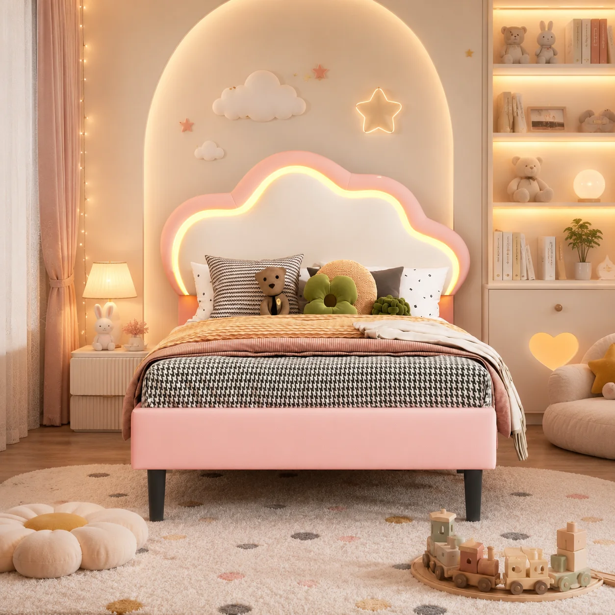 90x200cm wolkenförmiger Kinder-Einzelbettrahmen mit LED-Ambientebeleuchtung, höhenverstellbarem Kopfteil, flaches Sicherheits-Prinzessinnenbett, PU-Leder, rosa, Matratze nicht enthalten, geeignet für