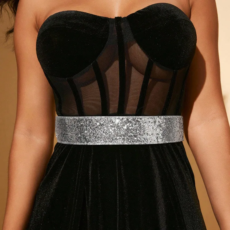 

Women’s Wide Elastic Glitter Belt Silver Sparkle Waistband Stretch Cinch Belt Fashion Dress Accessories