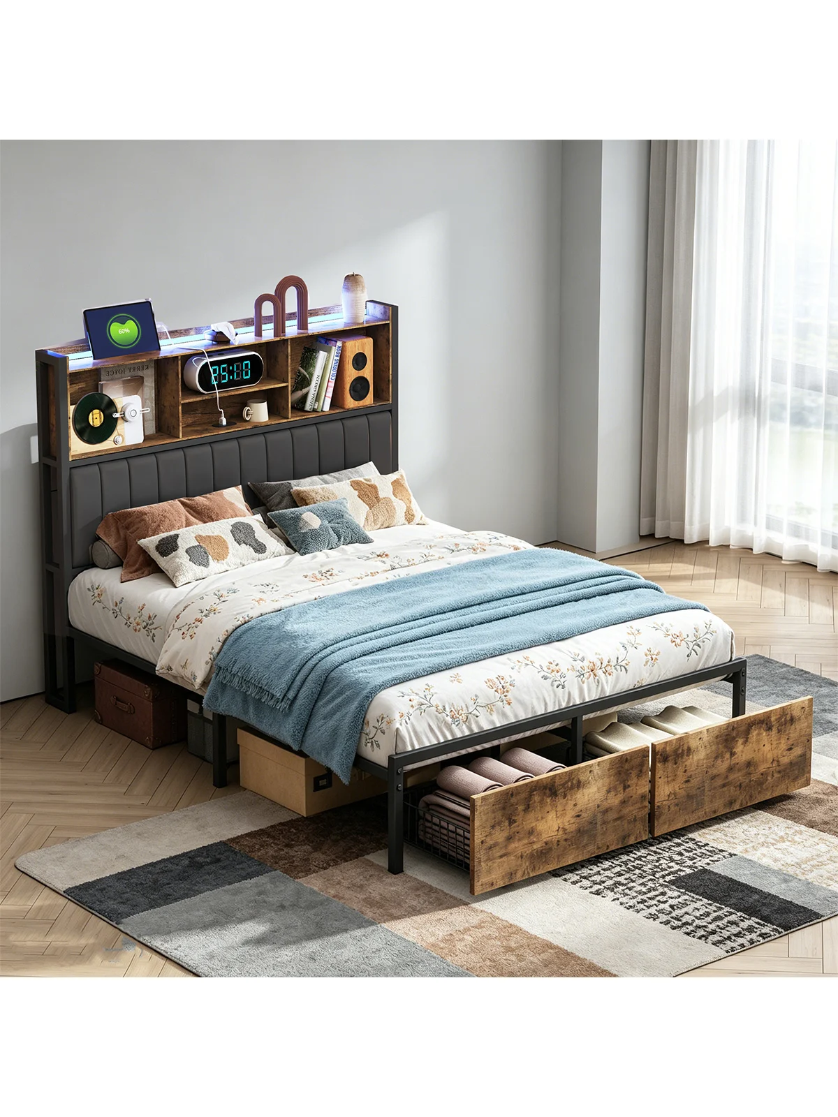 Anajqaqia 140x200cm Metall-Holz-Bett mit 2 Schubladen & LED-Beleuchtung, Doppelbett mit Stauraum im Kopfteil, Industrielles Bettgestell mit Lattenrost, Schwarz