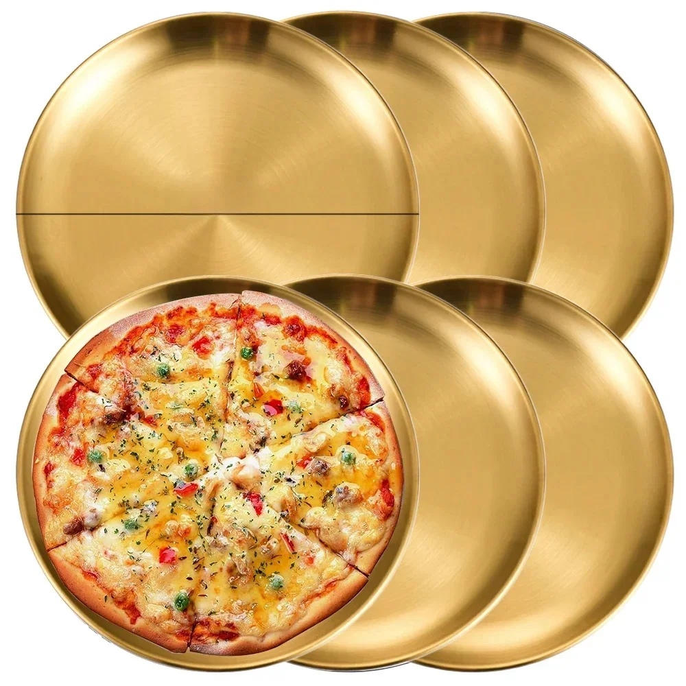 Assiette ronde en acier inoxydable doré, plateau peu profond antirouille, assiette de Camping, vaisselle de pique-nique pour barbecue, ustensiles de cuisine 6 pièces