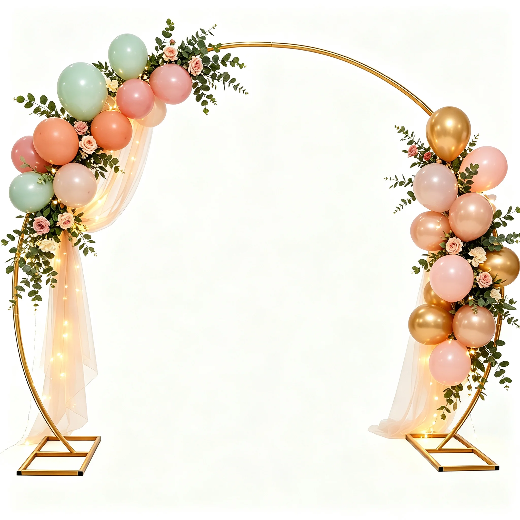 Supporto ad arco per palloncini rotondi, struttura in metallo dorato, dimensioni 2x1,8 m / 2,2x2 m / 2,5x2,3 m, ideale per palloncini, tulle, luci a LED e decorazioni floreali, per matrimoni, feste di