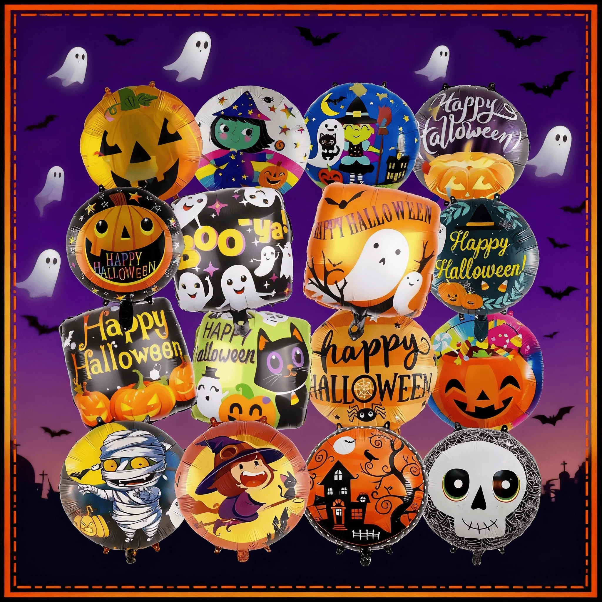 

18 inch Happy Halloween Balloons Round Bat Ghost Witch Foil Mylar Balloon for Halloween Themed Party decoration Supplies Props