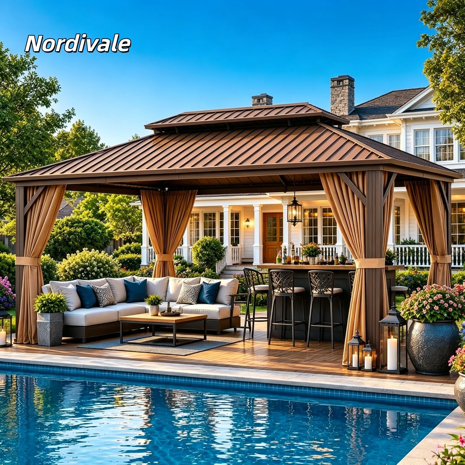 Nordivale 12x16FT Hardtop Gazebo Metal Pavilion Double Galvanized Steel Roof with Netting Curtains for Lawn Garden Patio Brown