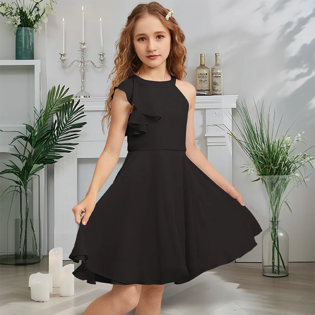 Дизайнерское платье трапециевидной формы для юных подружек невесты, платье с цветочным узором для девочек, шифоновое платье с лямкой на шее, садовое гала-танец, свадебное платье