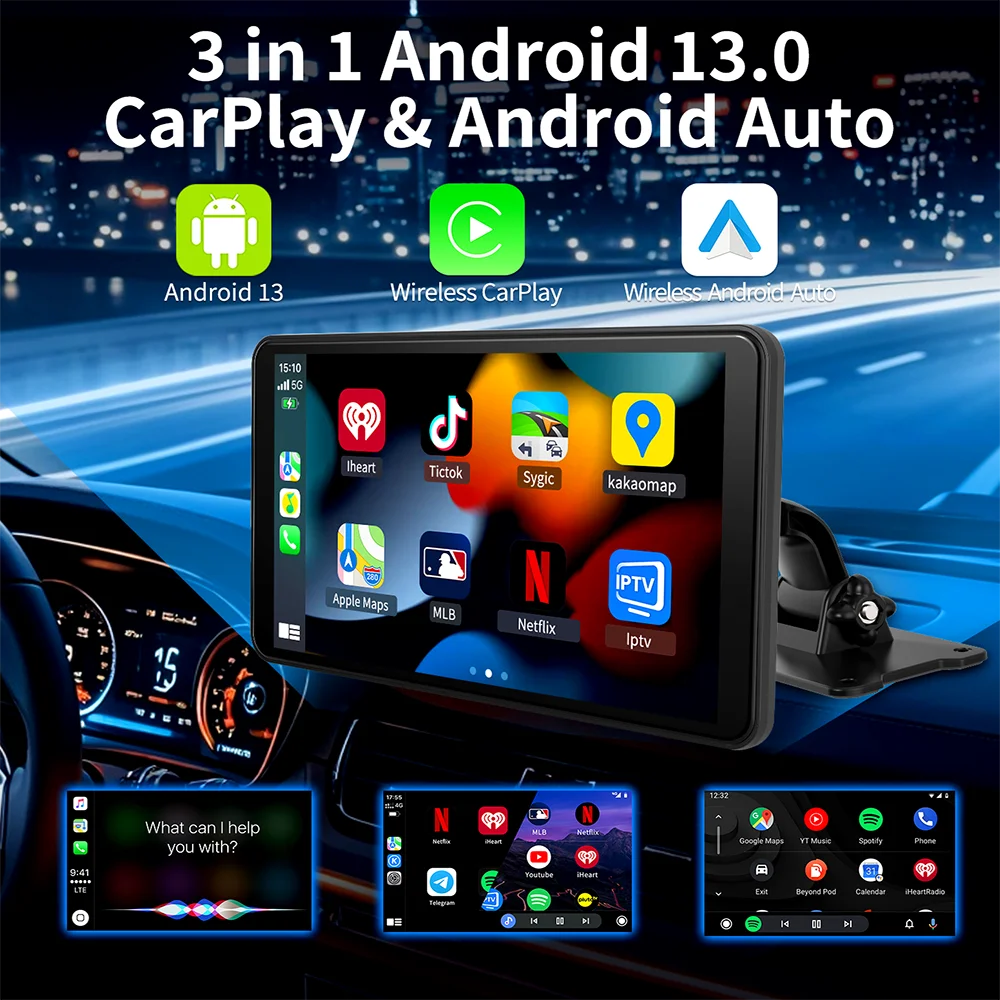 Imagebon 7 "Dash Cam Carplay & Android Auto DVR WiFi Bluetooth AUX FM GPS الملاحة 24h بارك مراقب مسجل فيديو كاميرا السيارة