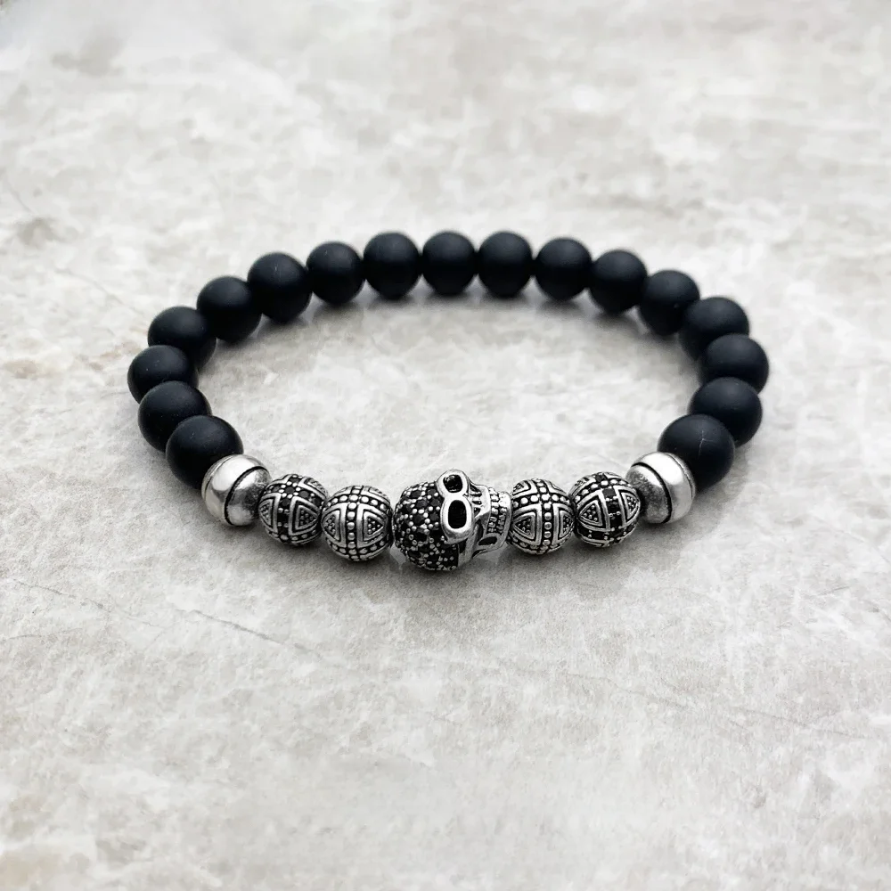 Bransoletka z koralików z czaszką, europejski styl Rebel Fashion Punk Biżuteria dla mężczyzn i kobiet 925 Sterling Silver Obsidian Gift — zdjęcie 2