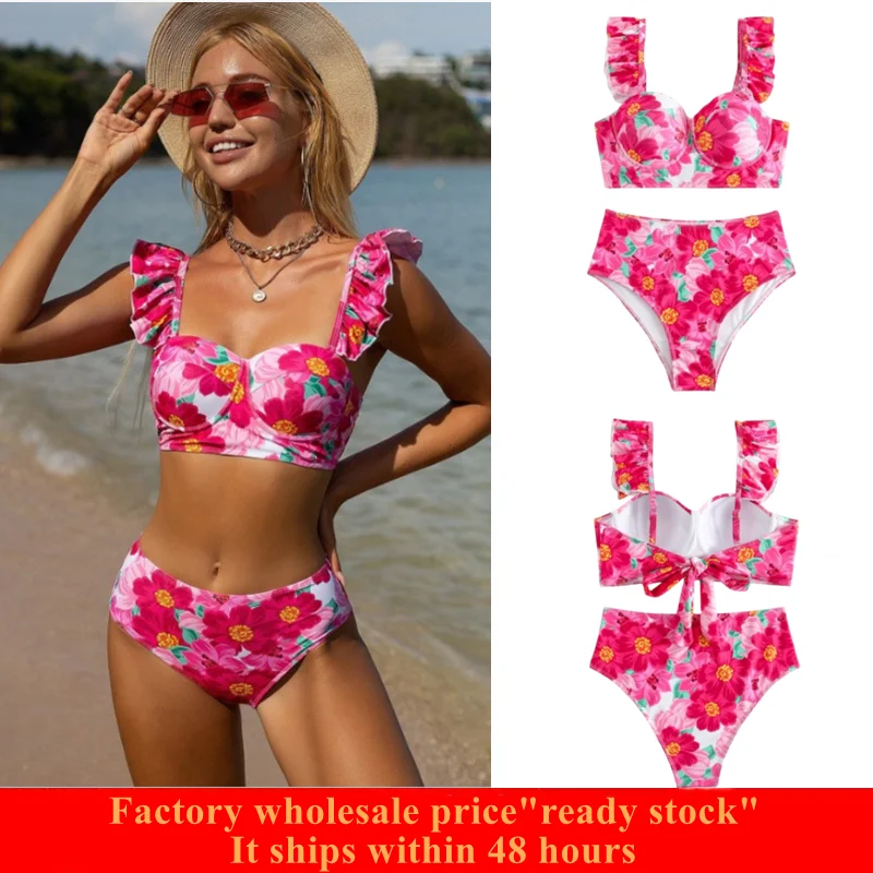 2025 Beachwear High Waist swimwear Printed Splicing Swimsuit Set With Floral Ruffle Hem And Underwire Bra Cups Bikini Set