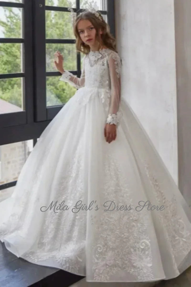 Elegant Lace Flower Girl Dress White Long-Sleeve For Weddings Princess Birthdays And First Communions High-Quality Children's
