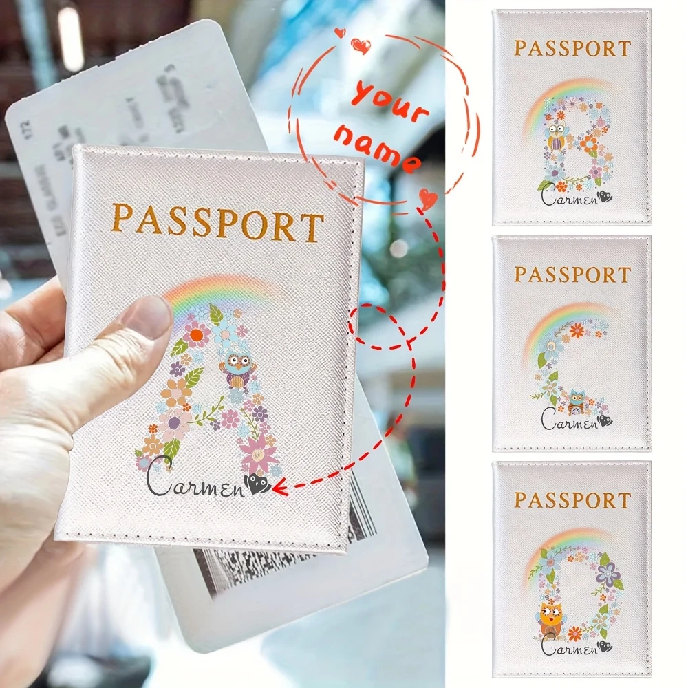 

Personalized Name Beautiful Flower Rainbow Owl 26-Letter Initial Passport Holder, Travel Wallet, ID and Business Card Case