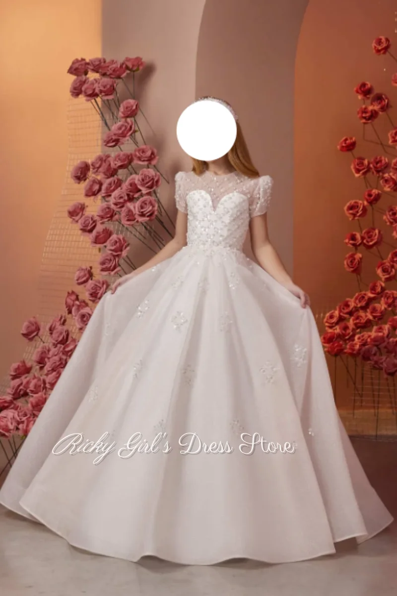 Sequin Long Wedding Flower Girl Dress White Floor Length Princess Pageant Children Dresses Gown For Host Piano Performance Party