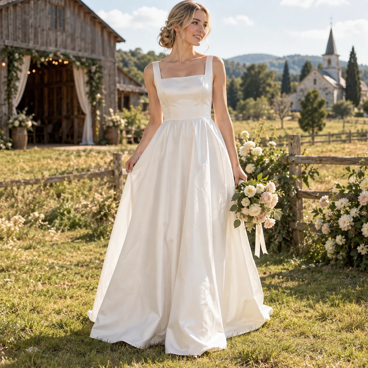 Satin Wedding Dresses Bride Square Neck Sleeveless A-Line Bridal Gown Backless Floor Length Simple Bridal Dresses Customized