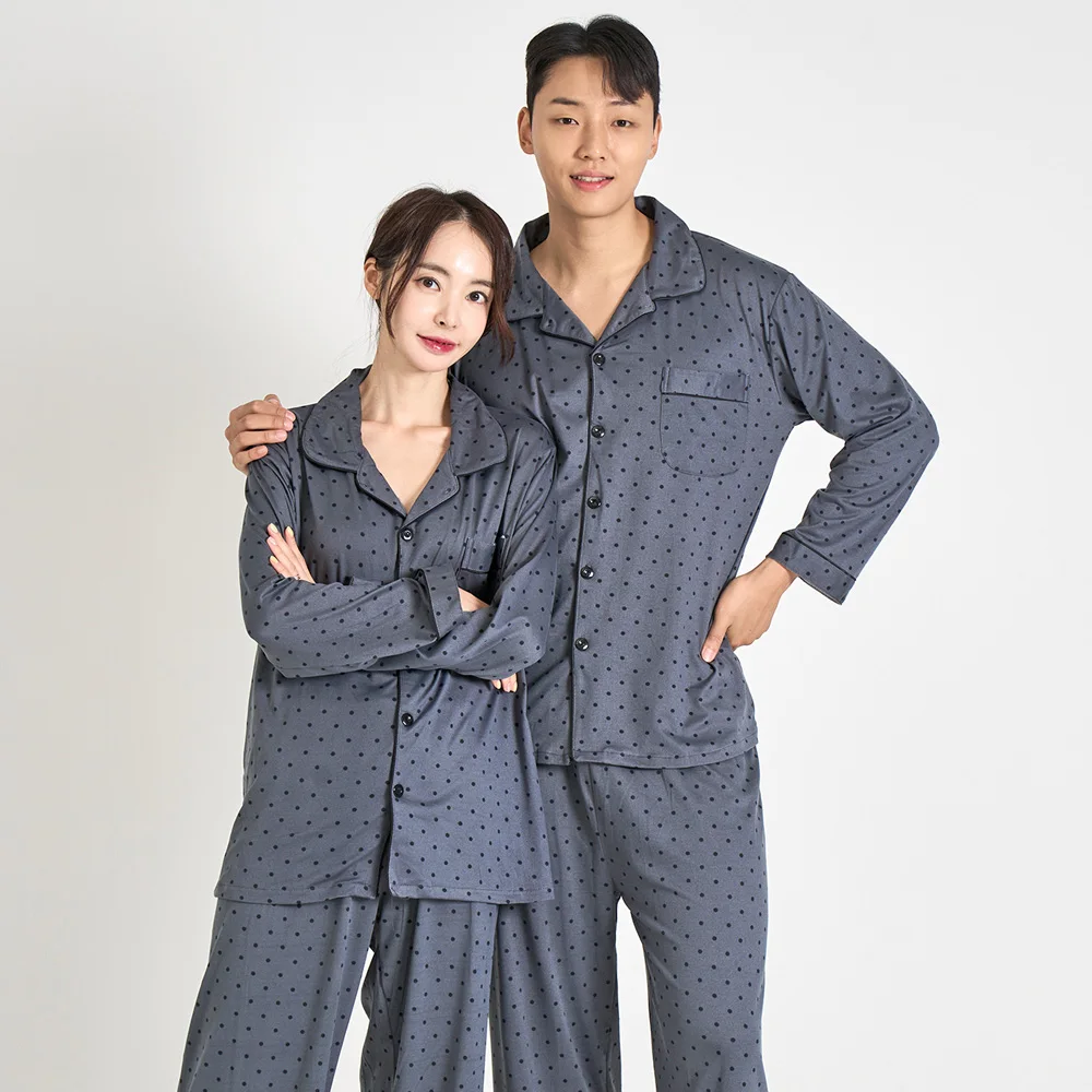 AONE Couple's Mini Dot Peach Fleece Pajama Set - Long-Sleeve Button-Up Top and Bottoms