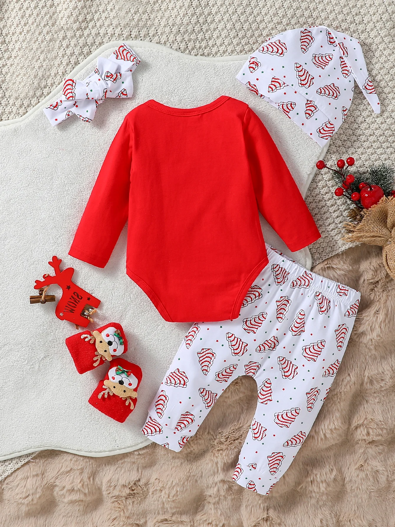 4pcs baby  autumn Long Sleeve Cotton (0-18M) Red unisex  leisure christmas Trees For Christmas Pantsuit Clothing Set+Hat+Headba