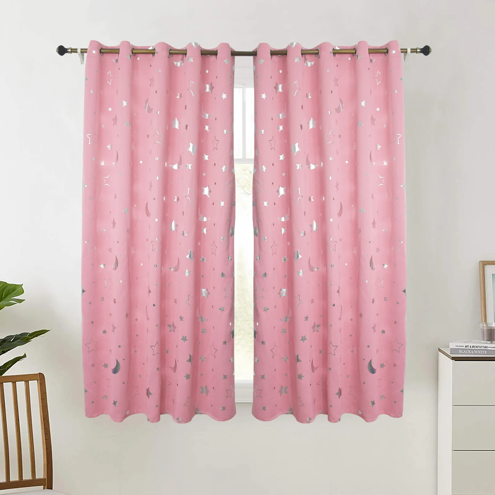 

Silver Star Printed Pink 52 in. W x 96 in. L Blackout Curtain for Kids Room (2-Panels)