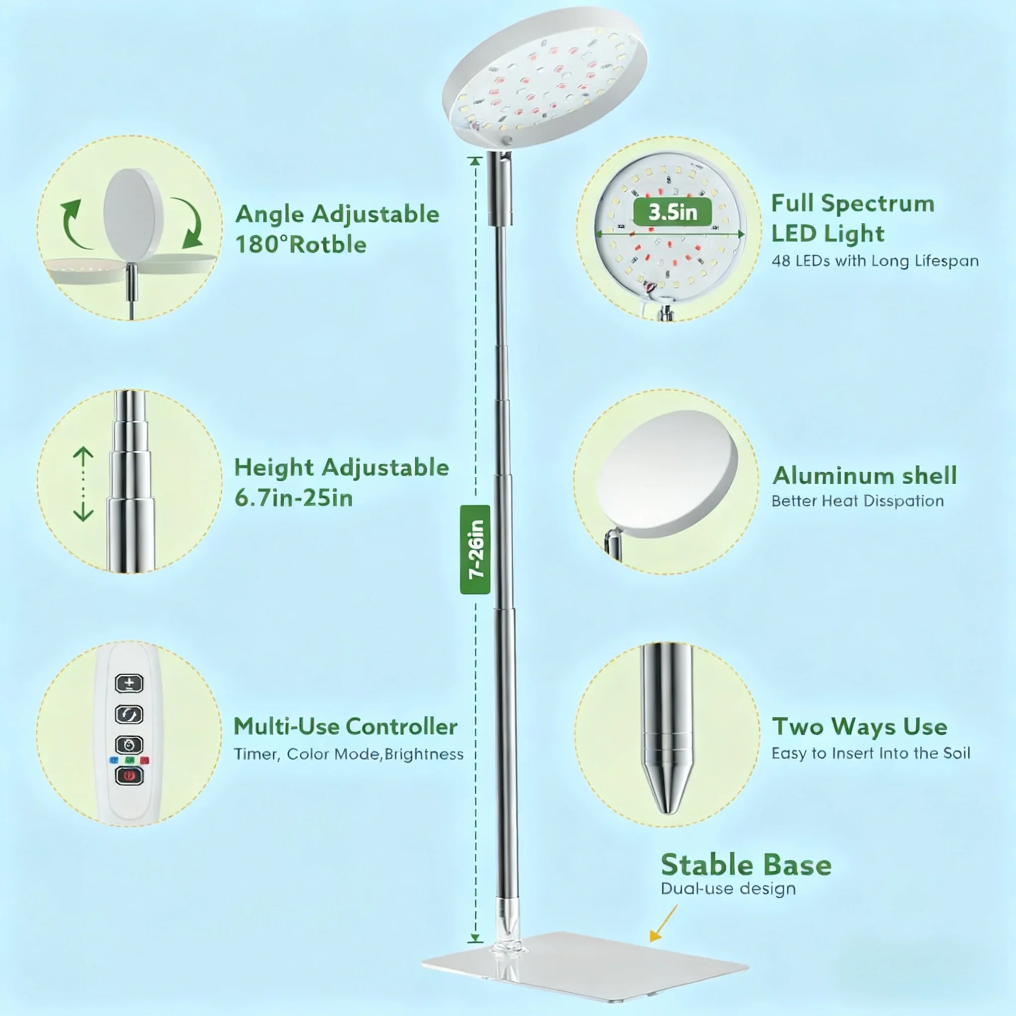 ضوء نمو النبات الداخلي LED 3/9/12H مؤقت تشغيل/إيقاف USB 5 فولت ارتفاع قابل للسحب، نبات أشعة الشمس مقلد الطيف الكامل، مصباح نباتي