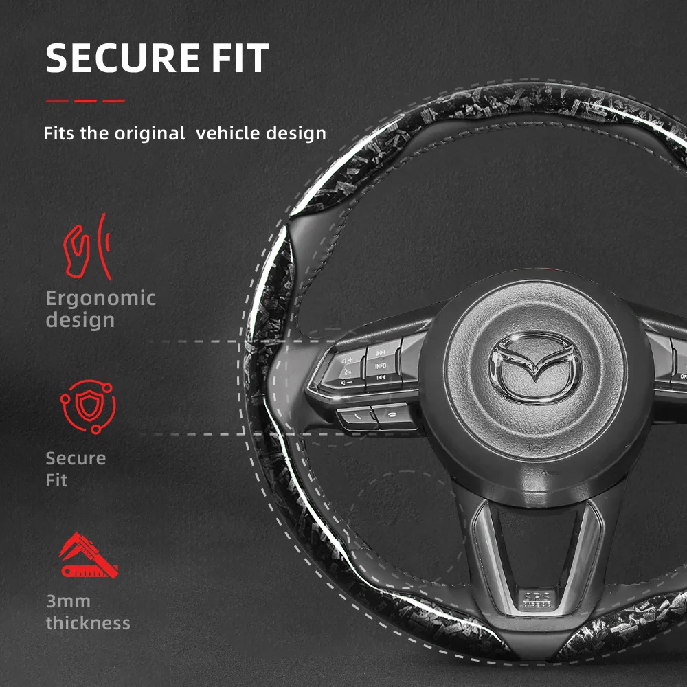 Suitable for Mazda forged carbon fiber texture steering wheel cover, snap-on, no-sew, quick installation for CX-5, CX-30, Mazda3, CX-50, CX-90, Mazda2, CX-60, CX-3, MX-5, BT-50, black, red, gold accessories